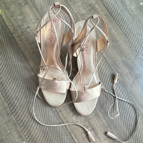 Lilly Pulitzer Wedge LaceUp Leather Sandal|Metallic|Flecked Cork Heel|Size 8|EUC - Picture 2 of 9